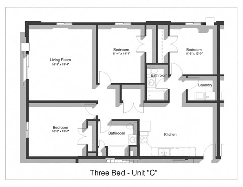 Floor plan for 3 beds, 2 baths, 1433 sqft